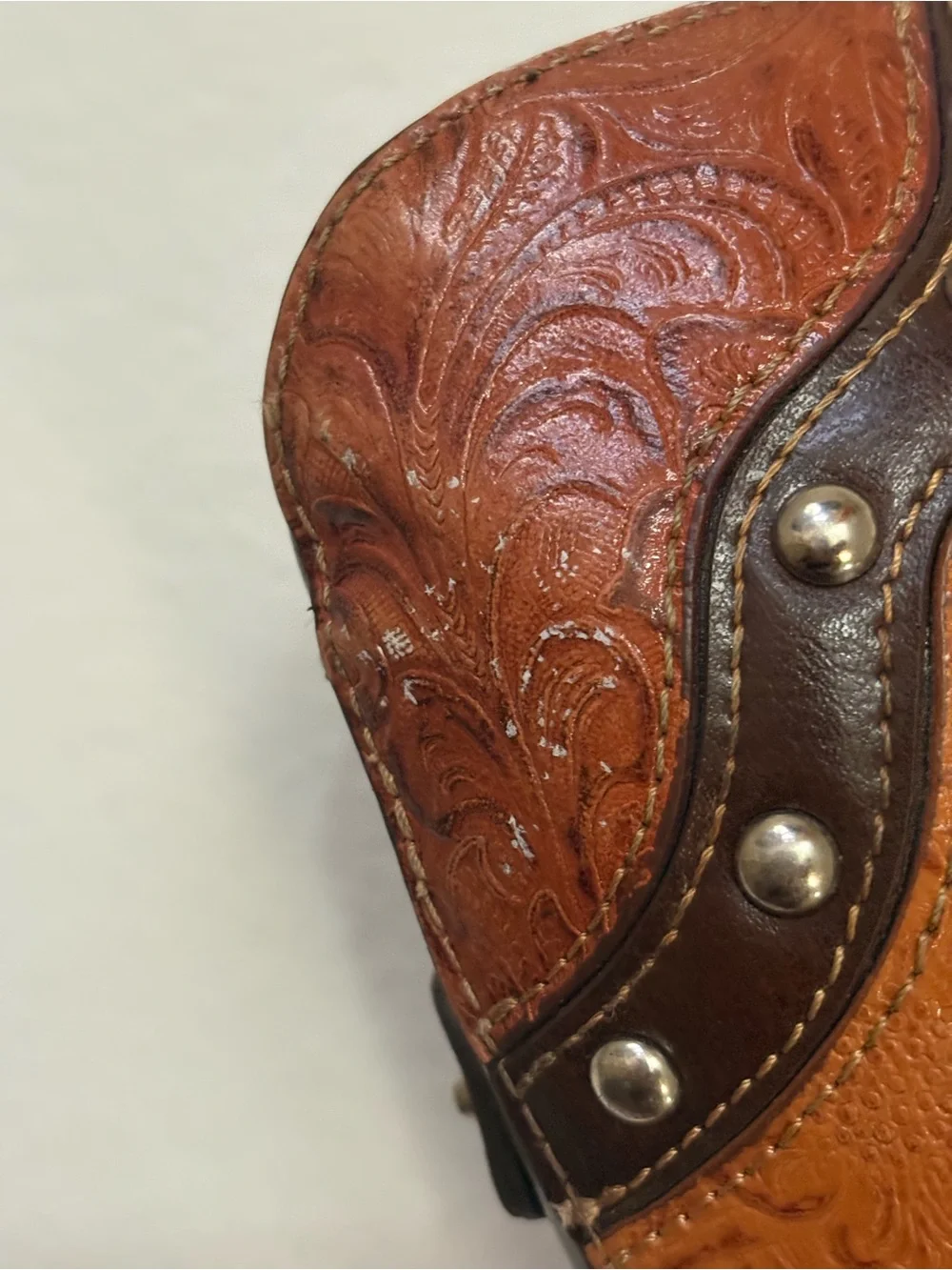 MC Marc Chantal Brown Leather Embossed Floral Purse Shoulder Bag Silver Western